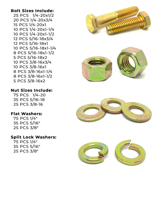 Inch Grade 8 Hex Cap Screws, Hex Nuts, Flat & Lock Washers 1/4", 5/16", & 3/8"- 574 PCS