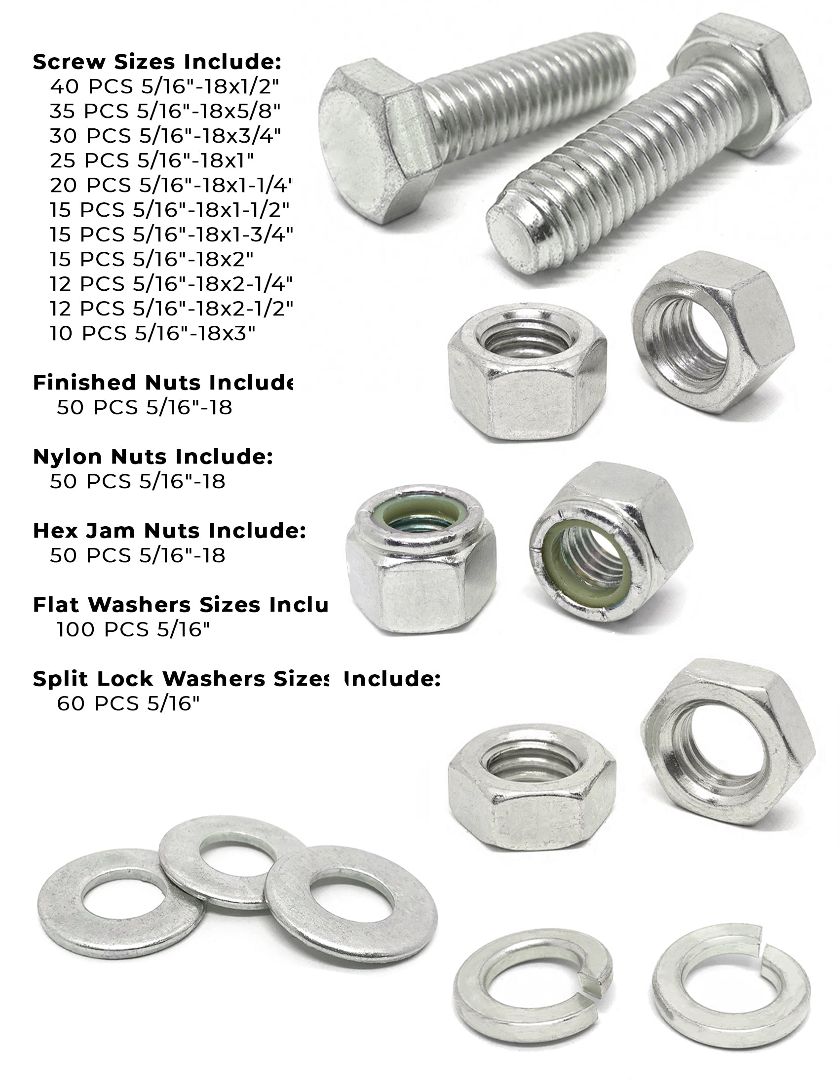5/16"-18 Coarse 18-8 Stainless Steel Hex Cap Screws, Nuts, & Washers - 540 PCS