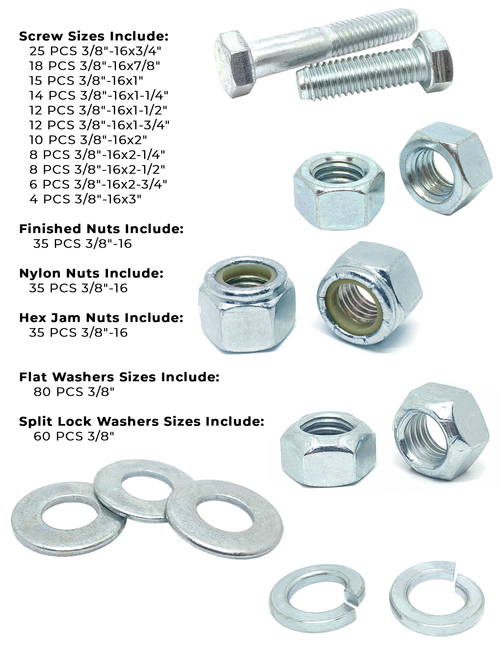 3/8"-16 Coarse Grade 5 Hex Cap Screws, Nuts, & Washers - 378 PCS