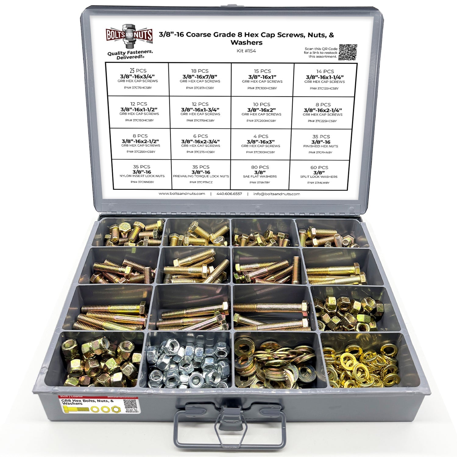 3/8"-16 Coarse Grade 8 Hex Cap Screws, Nuts, & Washers - 378 PCS