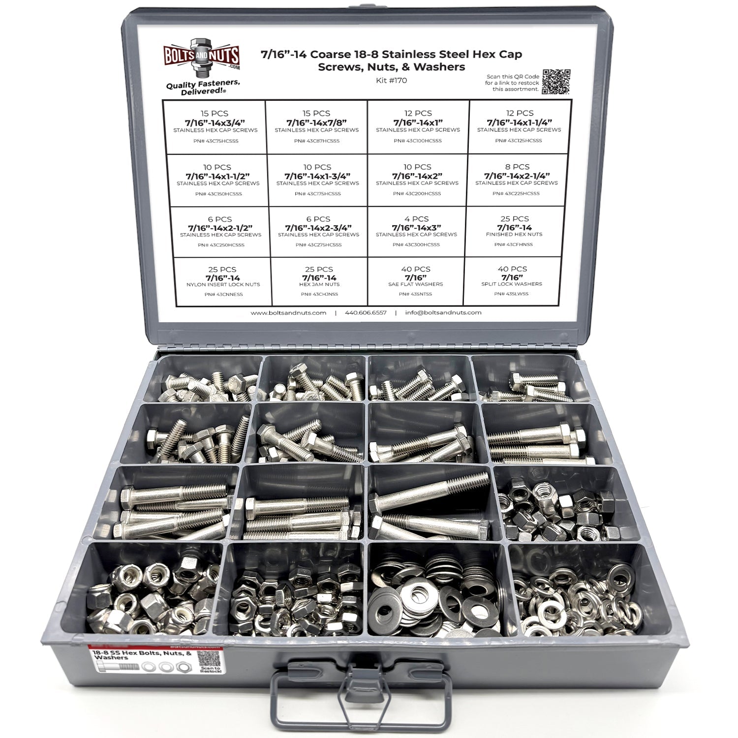 7/16"-14 Coarse 18-8 Stainless Steel Hex Cap Screws, Nuts, & Washers - 264 PCS