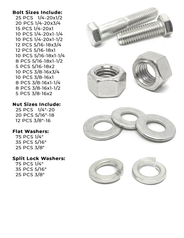 Inch 18-8 Stainless Hex Cap Screws, Hex Nuts, Flat & Lock Washers - 574 PCS