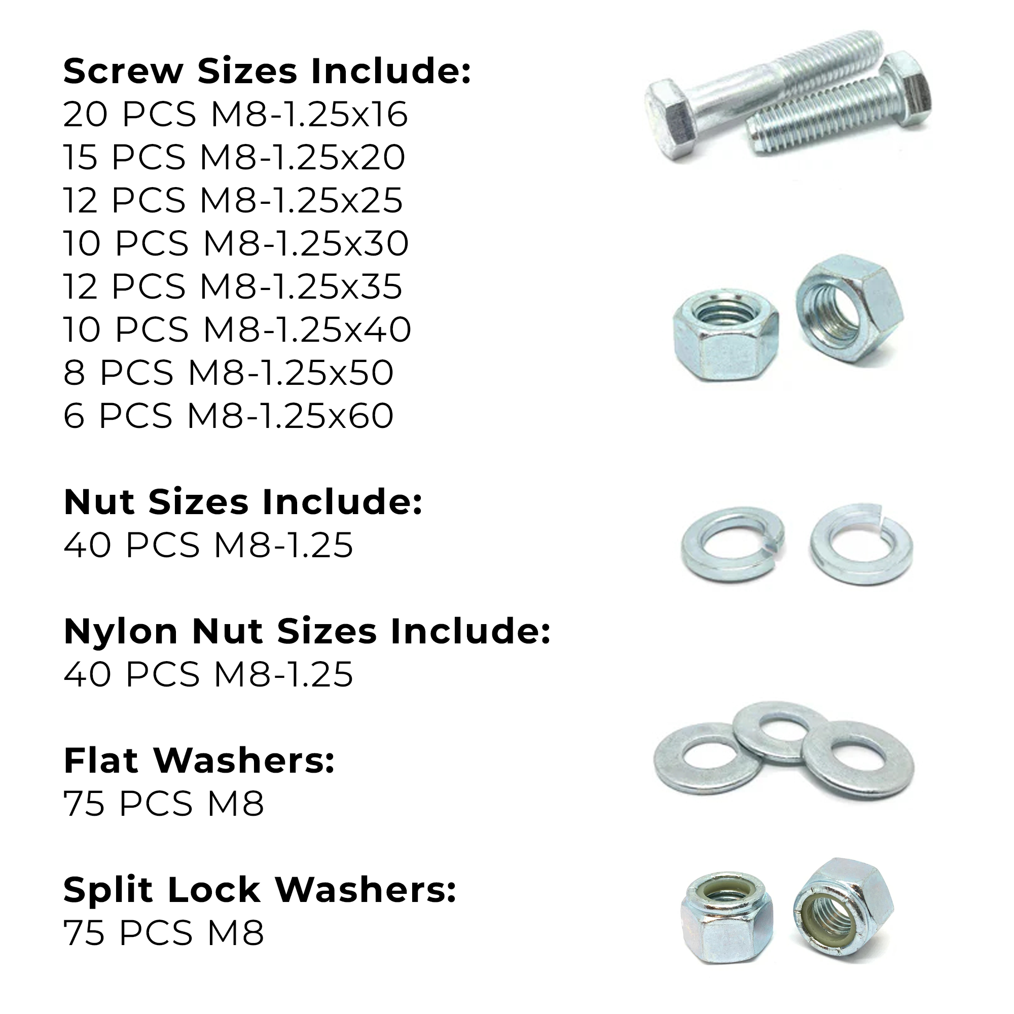 Assortment Kit #641 (324Pcs.) M8-1.25 Class 10.9 Hex Cap Screws, Hex & Nylon Nuts, Flat & Lock Washers - Zinc Plated