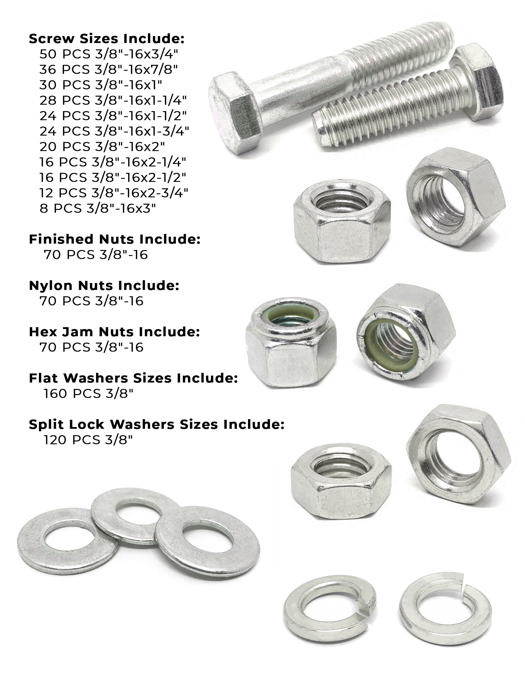 3/8"-16 Coarse 18-8 Stainless Steel Hex Cap Screws, Nuts, & Washers - 754 PCS