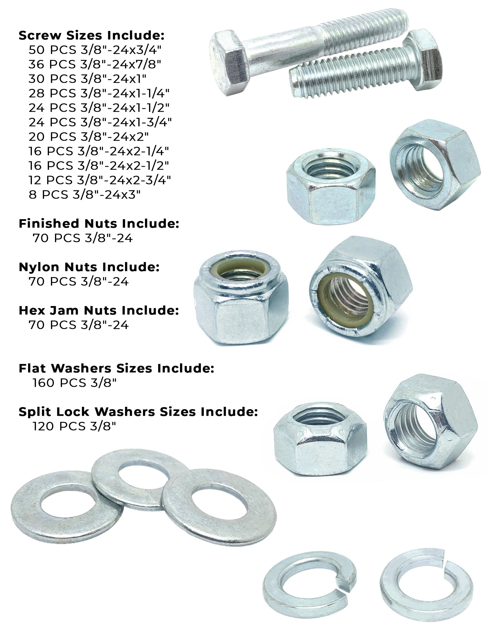 3/8"-24 Fine Grade 5 Hex Cap Screws, Nuts, & Washers - 755 PCS