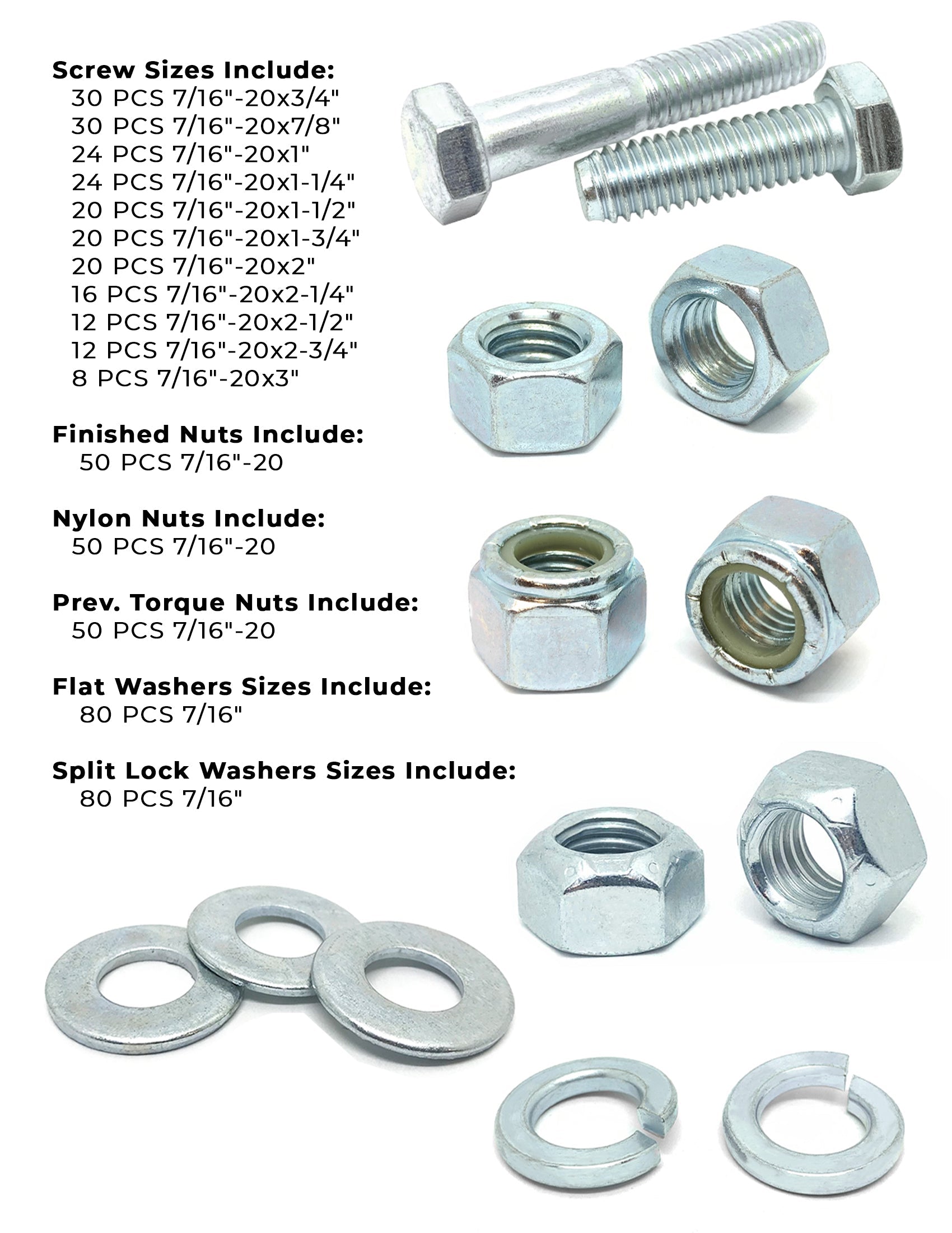 7/16"-20 Fine Grade 5 Hex Cap Screws, Nuts, & Washers - 527 PCS