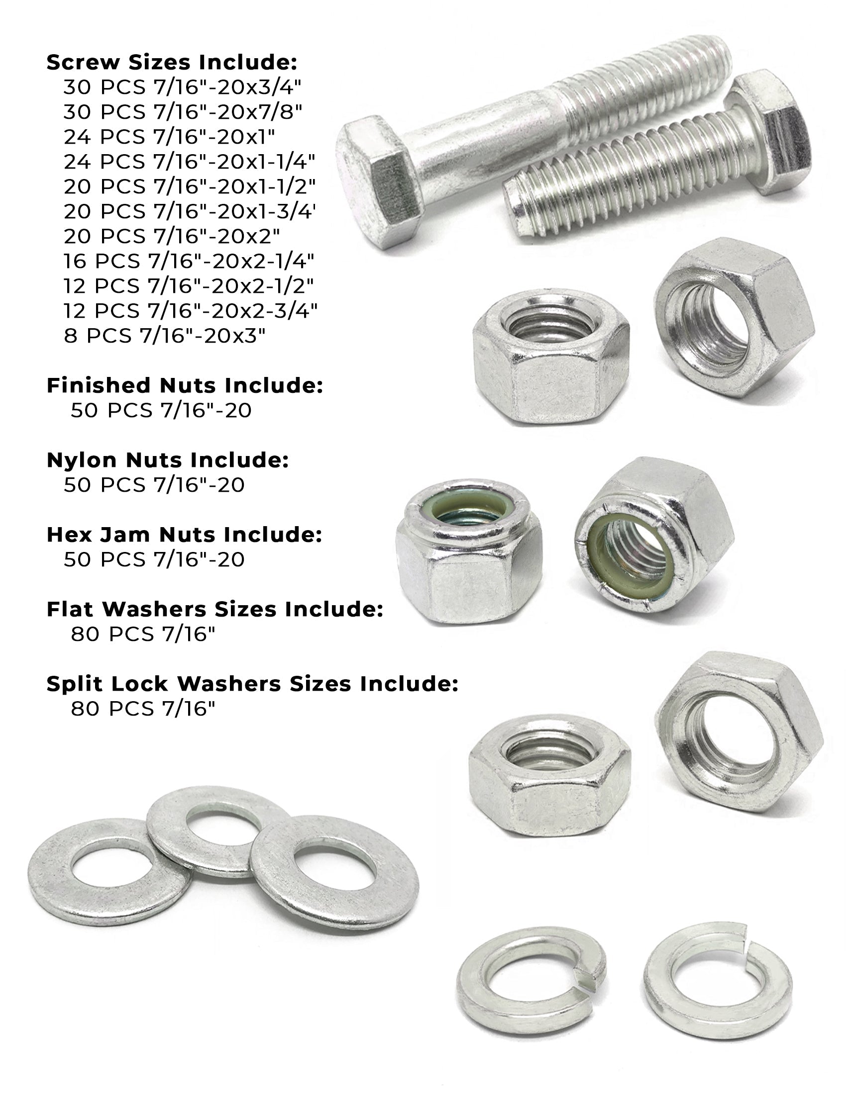 7/16"-20 Fine 18-8 Stainless Steel Hex Cap Screws, Nuts, & Washers - 528 PCS