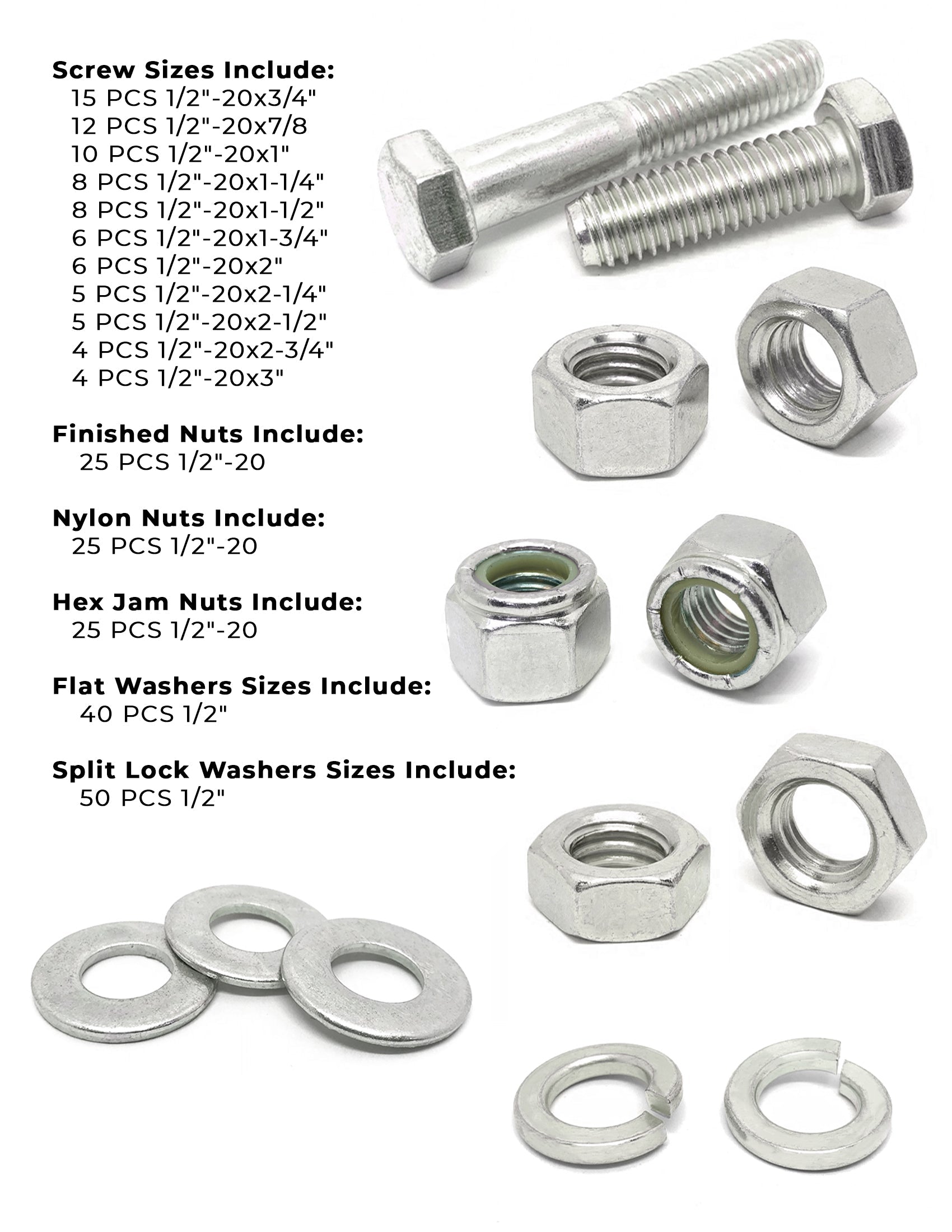 1/2"-20 Fine 18-8 Stainless Steel Hex Cap Screws, Nuts, & Washers - 249 PCS