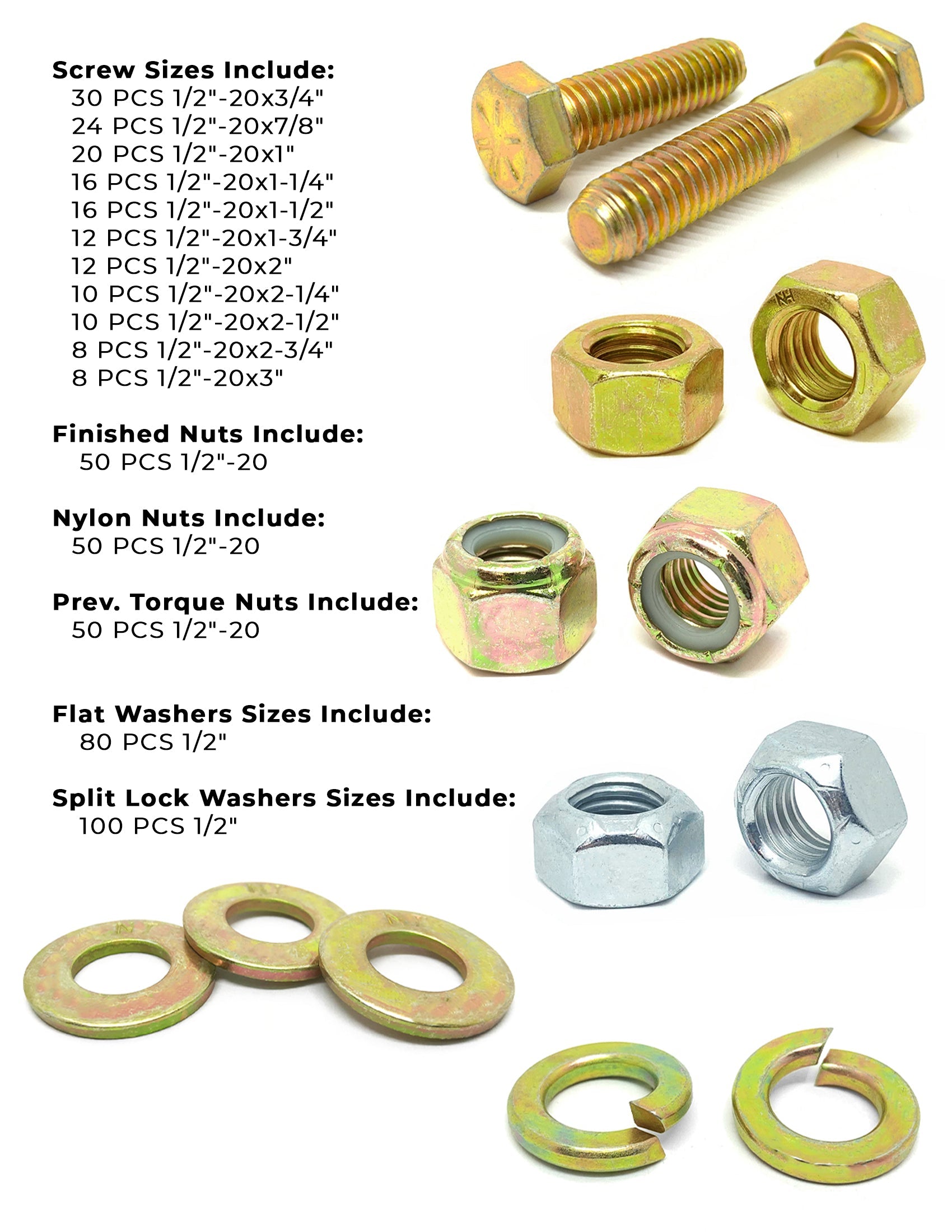1/2"-20 Fine Grade 8 Hex Cap Screws, Nuts, & Washers - 496 PCS