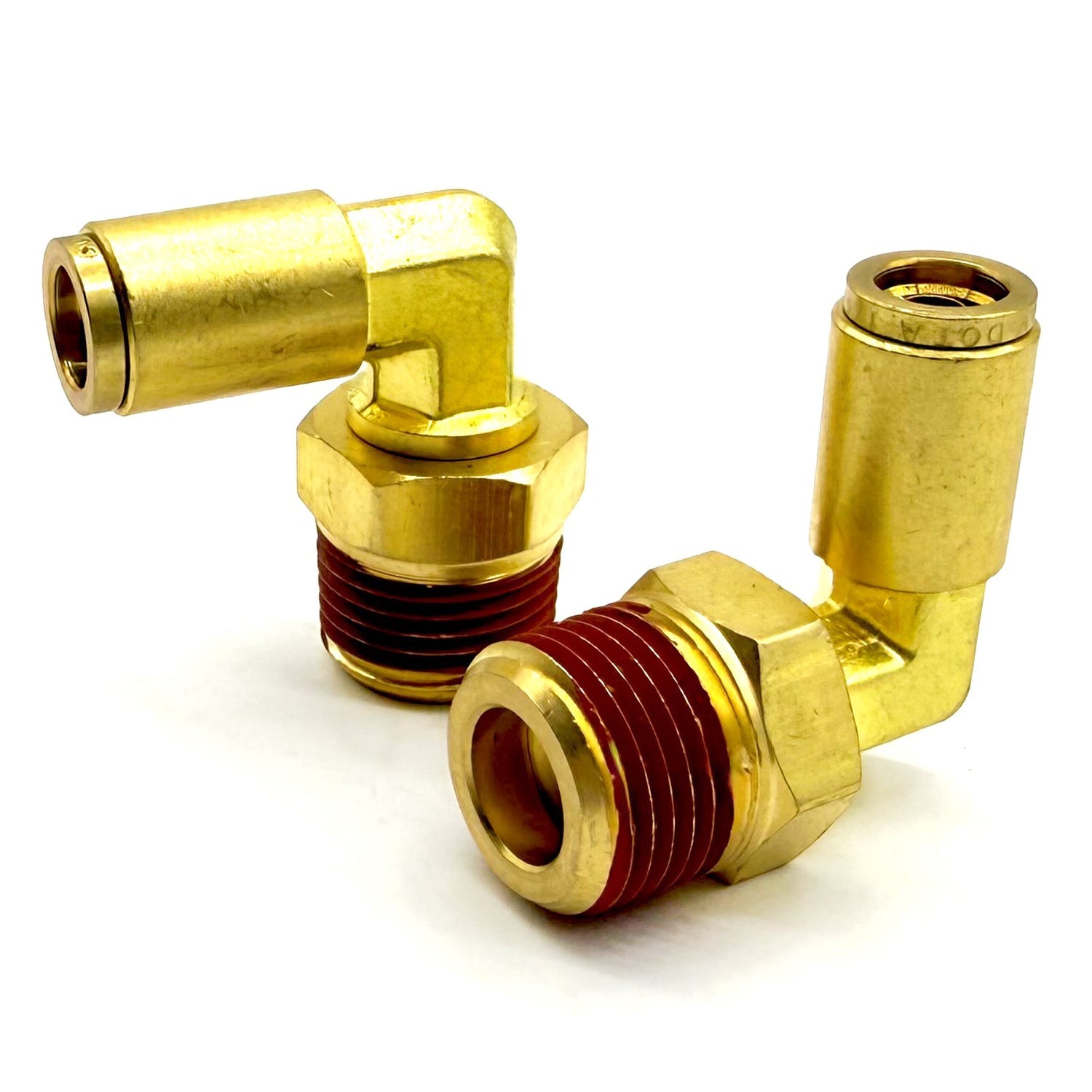 3/8" Tube to 1/8" NPT 90 Degree Elbow Male Pipe Connector, Brass D.O.T. Push to Connect Air Brake Fitting with Red Acrylic Thread Sealant