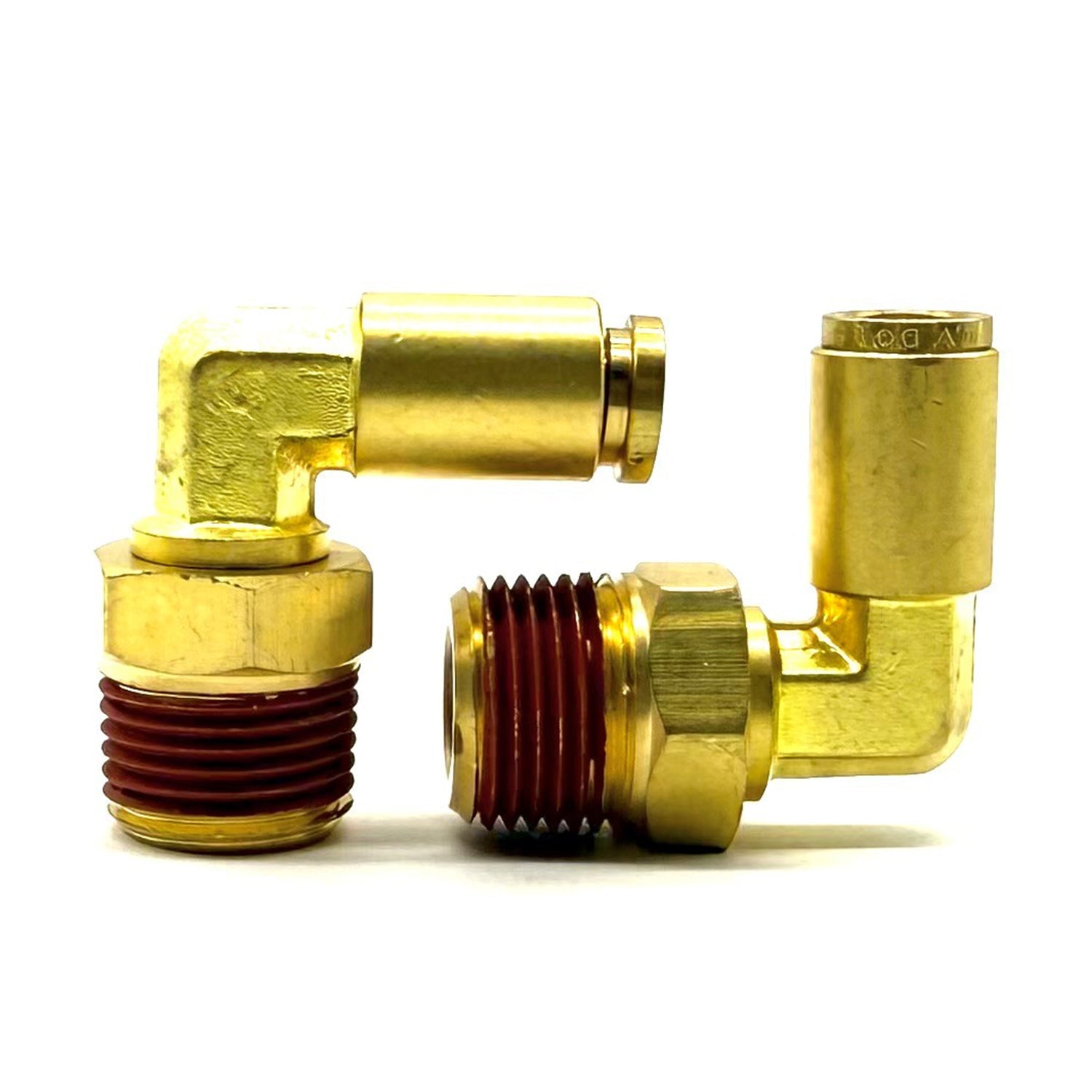 3/8" Tube to 1/4" NPT 90 Degree Elbow Male Pipe Connector, Brass D.O.T. Push to Connect Air Brake Fitting with Red Acrylic Thread Sealant