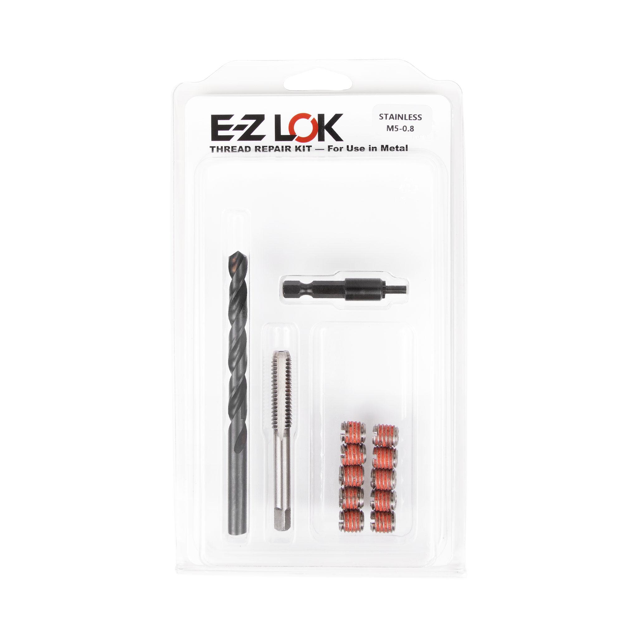 M5-0.8 x M8-1.25 Stainless Steel Solid Wall Threaded Insert W/Red Loctite Standard Repair Kit with Inserts, Drill Bit, Tap, and Install Tool