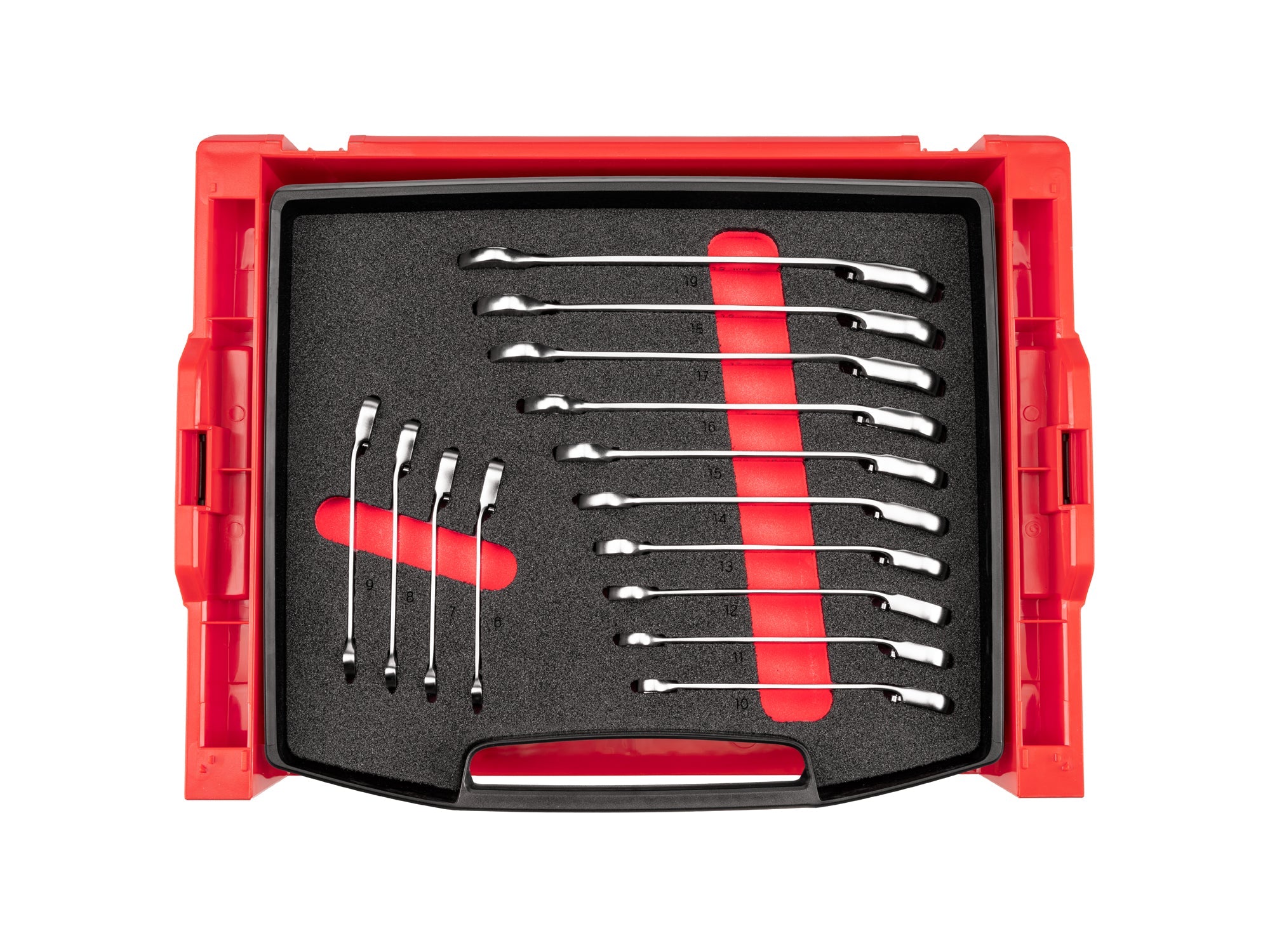 Reversible 12-Point Ratcheting Combination Wrench Set with Open Top Drawer and Rack, 14-Piece (6 - 19 mm)