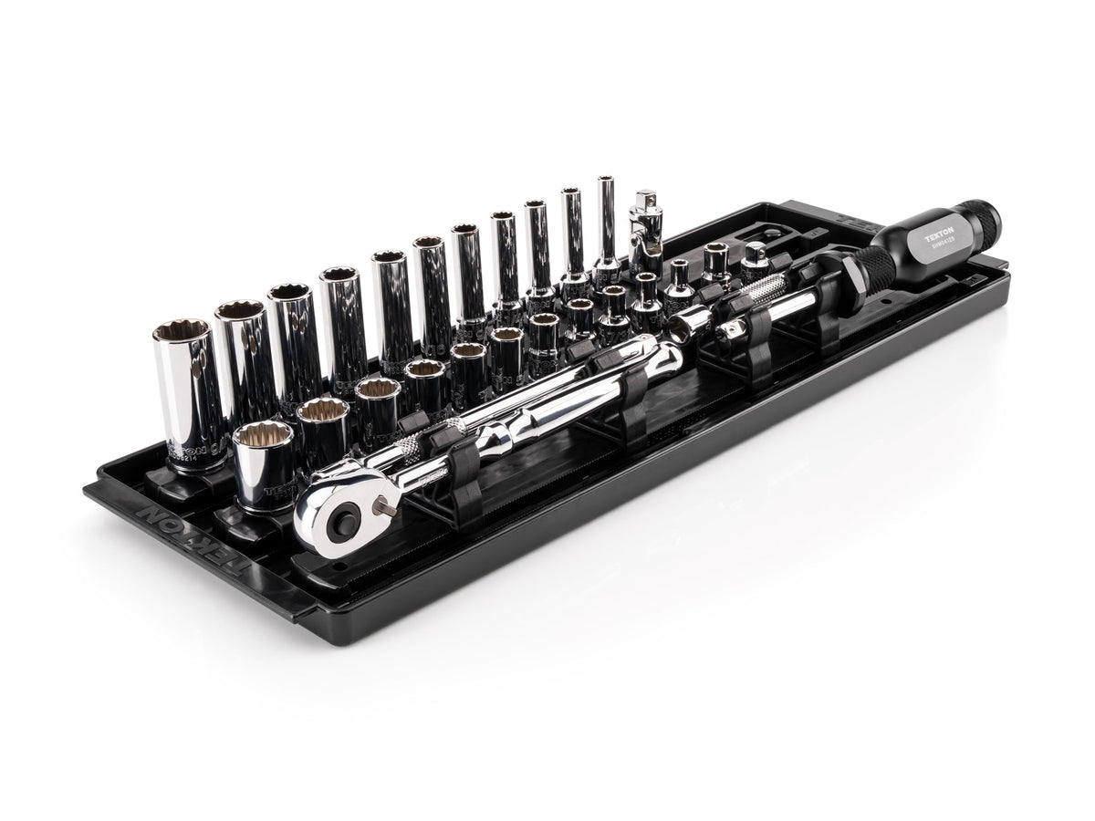 1/4 Inch Drive Shallow and Deep 12-Point Socket and Ratchet Set with Rails and Tray, 29-Piece (5/32 - 9/16 in.)