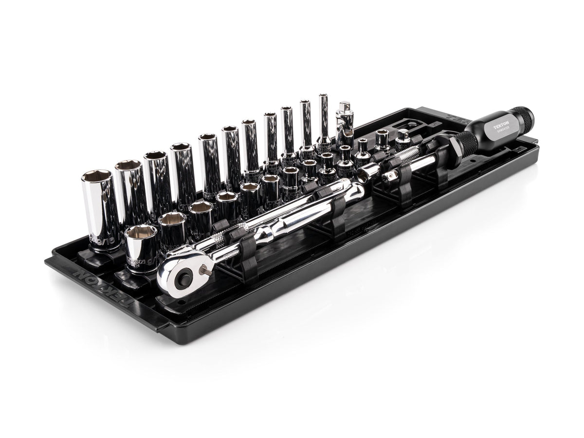1/4 Inch Drive Shallow and Deep 6-Point Socket and Ratchet Set with Rails and Tray, 29-Piece (5/32 - 9/16 in.)