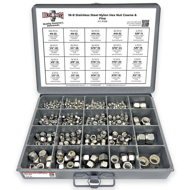 Inch Stainless Steel Nylon Insert Hex Nut Coarse & Fine - 490 pcs