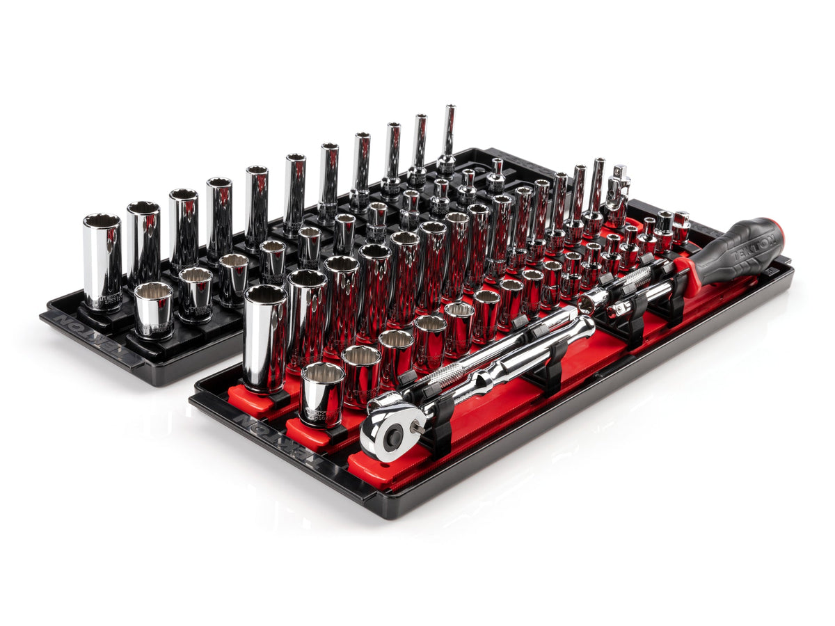 1/4 Inch Drive Shallow and Deep 12-Point Socket and Ratchet Set with Rails and Trays, 57-Piece (5/32 - 9/16 in., 4 - 15 mm)