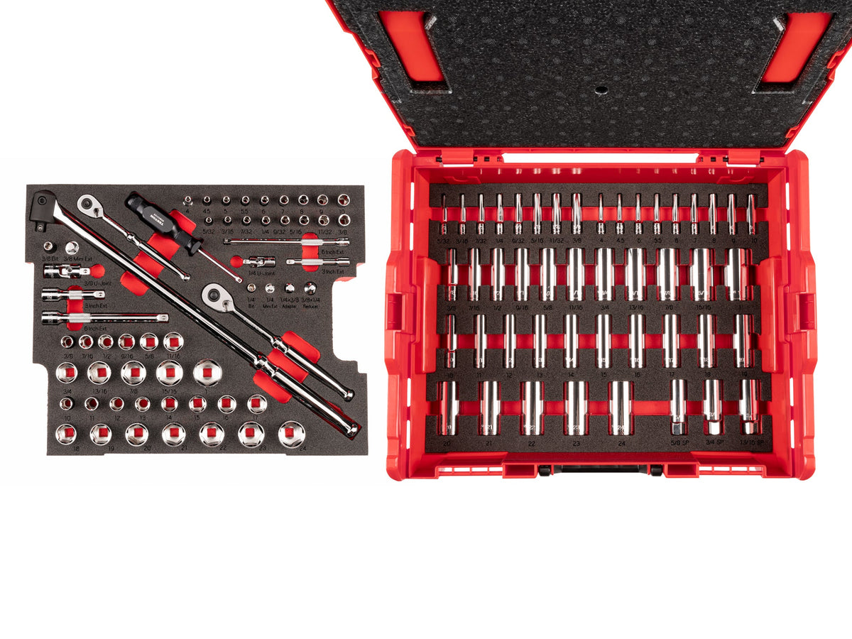 1/4, 3/8 Inch Drive Shallow and Deep 6-Point Socket Set with Lid Insert in Stacking Tool Box, 105-Piece (5/32 - 1 in., 4 - 24 mm)