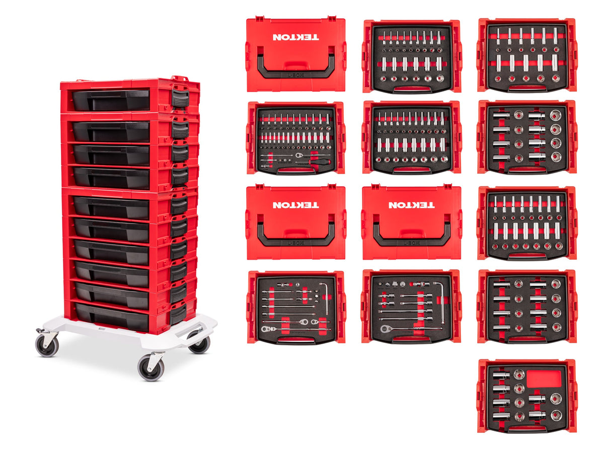 1/4, 3/8, 1/2 Inch Drive Shallow and Deep 6-Point Socket and Ratchet Set in Modular Stacking Tool Cart, 250-Piece (5/32 - 1-1-/2 in., 4 - 38 mm)